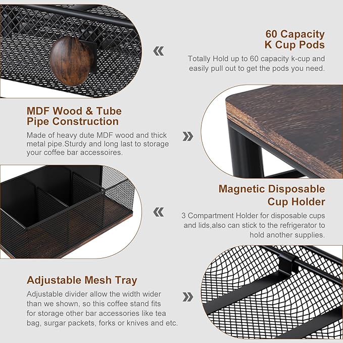 TQVAI K Cup Holder - 60 Capsule Capacity 2 Tier Sliding Pods Storage Drawer with Disposable Cups & Lids Holder, Coffee Bar Station Organizer for Countertop, Black