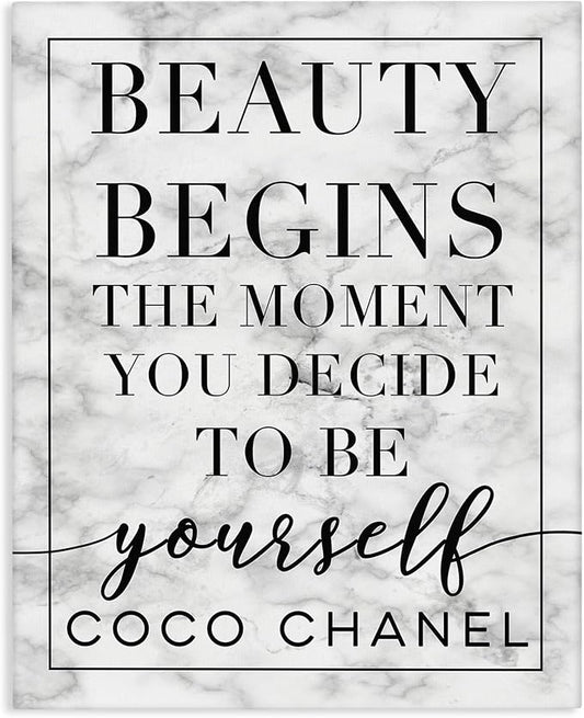 Stupell Industries Beauty Begins Once You Decide to Be Yourself White Marble Typography, Design by Daphne Polselli Wall Art, 30x40, Black