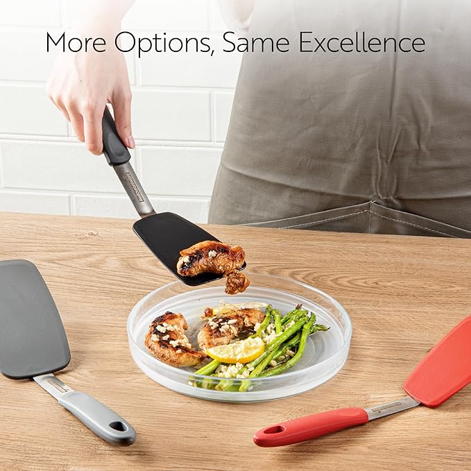 Restaurantware Comfy Grip 12 x 3 Inch Silicone Turner 1 Durable Cooking Turner - Stainless Steel Body Rubber Handle With Hole Gray Silicone Flipper Spatula Tolerates Up To 446F Dishwashable