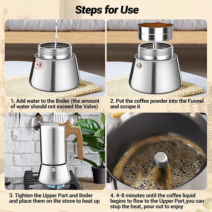 No Coating 2 Cup Moka Pot Thickened 304 Stainless Steel Stovetop Espresso Coffee Maker 100ml 3.4oz Mocha Percolator Greca Cuban Ideal for Making Rich Authentic Italian Café