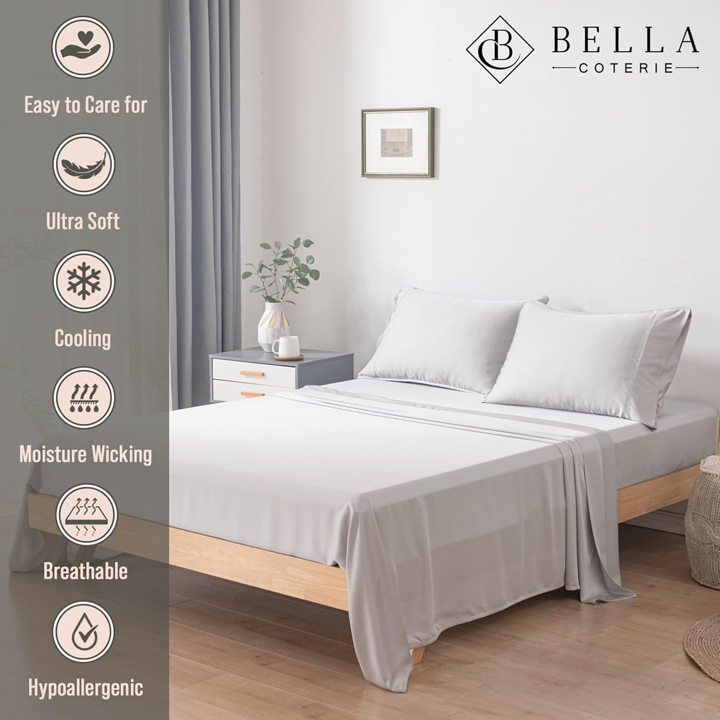 Bella Coterie Luxury Bamboo Viscose Twin Size Sheet Set | 100% Organically Grown | Ultra Soft | Cooling for Hot Sleepers | 18" Deep Pocket [Grey Mist]