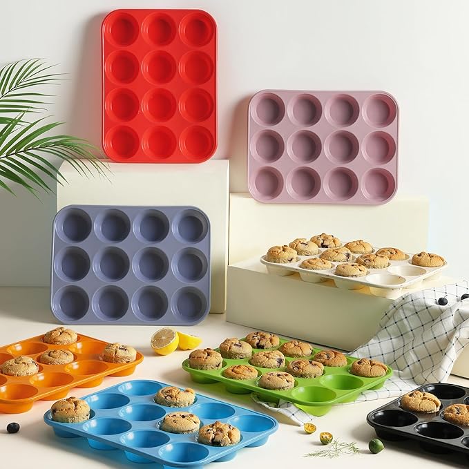 Socisen 2 Pack 12 Cups Muffin Pan with Metal Reinforced Frame Regular Size Silicone Molds Cupcake Cake Baking Pans Cookie Baking Chocoflan Cupcake Mold Silicone Egg Bite Molds Baking Items Stuff