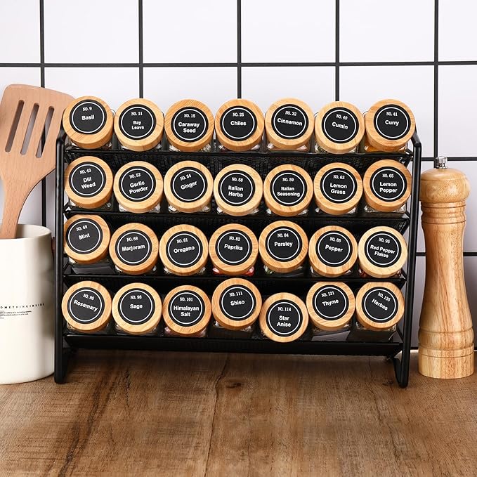 DIMBRAH Spice Jars with Label 24Pcs,Seasoning Containers,Glass Spice Jars with Bamboo Lids,Kitchen Essentials,Spices Container Set,Kitchen Set,Seasoning Organizer,Spice Rack Organizer for Cabinet