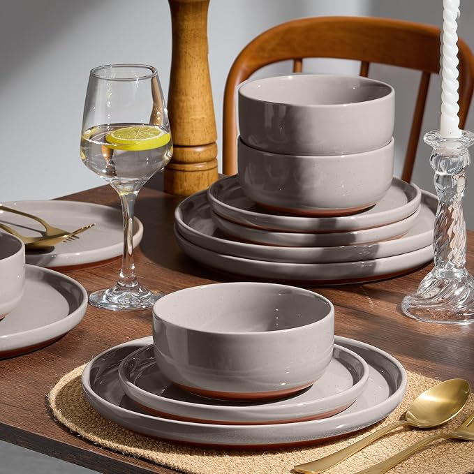 E-far 24-Piece Ceramic Dinnerware Sets, Plates and Bowls Sets for 8, Stoneware Dishware Dishes Set with Terracotta Base, Chip & Scratch Resistant, Microwave & Dishwasher Safe, Speckled Khaki