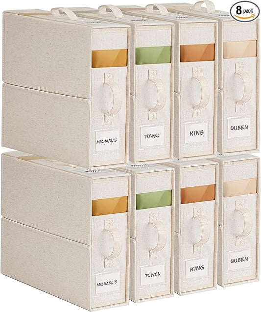 8Pack Linen Sheet Organizers for Linen Closet - King/Queen Size Bedding Storage Boxes with Clear Window | Foldable, Dustproof Sheet Storage Organizer for Blankets & Sheet Sets,Off-white