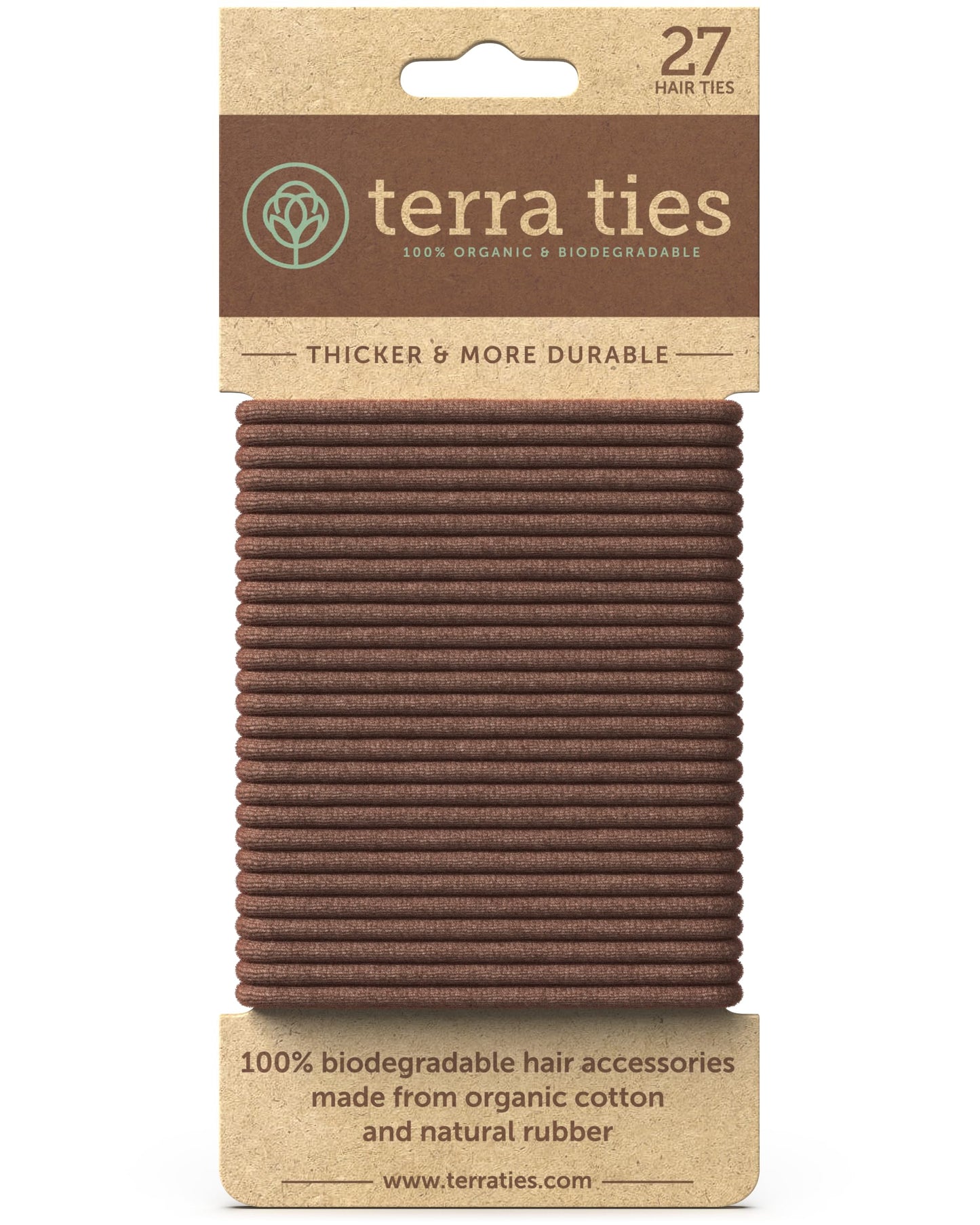 BIODEGRADABLE Elastic Hair Ties for Women & Men - Organic No Crease Brown Hair Tie Ponytail Holders and Hairties for Buns - Plastic Free Hairbands for Women and Mens Hair - 5mm (27 count)