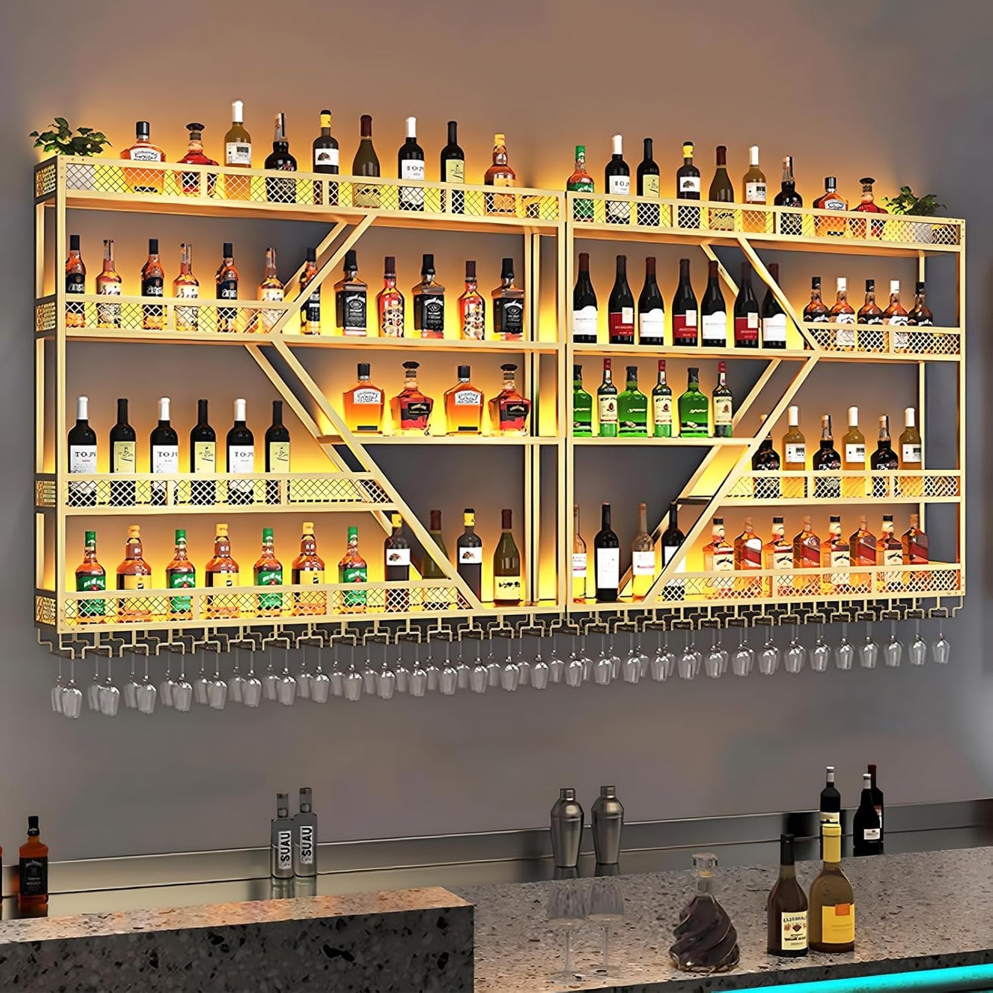 63in Metal Wine Rack Wall Mounted, Modern Wine Storage Rack Wall Mounted with Wine Glass Holder, Liquor Shelf, Bar Shelves for Liquor Bottles (4 Tiers Gold, 63 * 7.87 * 48.5INCH)