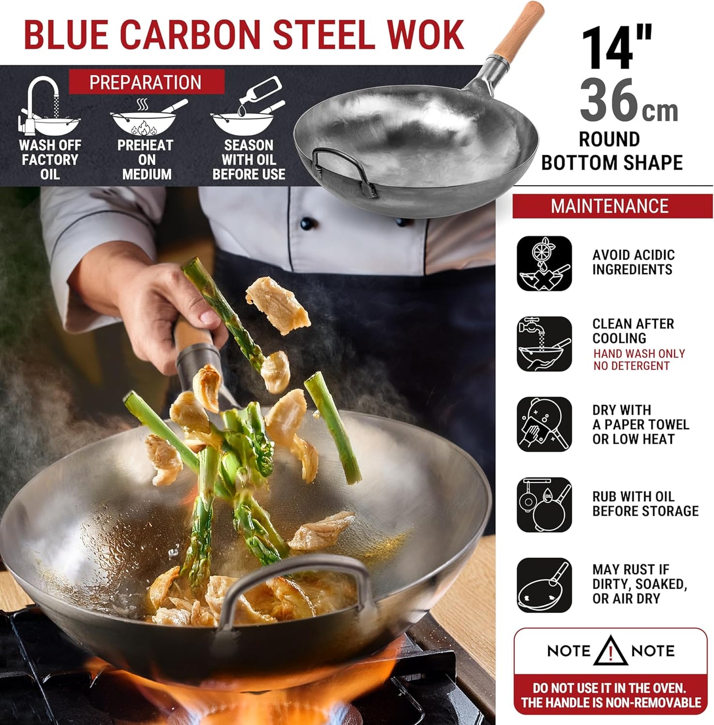YOSUKATA 14” Round Bottom Carbon Steel Woks and Stir Fry Pans – Unseasoned Pow Wok for Stir Fry, BBQ, Grill & Camping – Hand-Hammered Traditional Japanese and Chinese Pan – Gas Stove, Open Fire Only