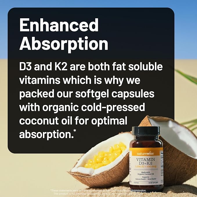 NatureWise Vitamin D3 1000IU + K2 (MK7) 100mcg with Organic Extra Virgin Coconut Oil - Supports Calcium Absorption, Bone & Immune Health - Non-GMO, Soy & Gluten-Free - 30 Softgels[1-Month Supply]