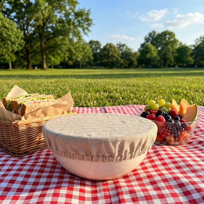 100% Pure Linen Bowl Covers For Bread Proofing, 2 Pcs 12 Inches Elastic Reusable Bowl Covers Large Ticking Striped Cloth Fabric Stretch Sourdough Lids