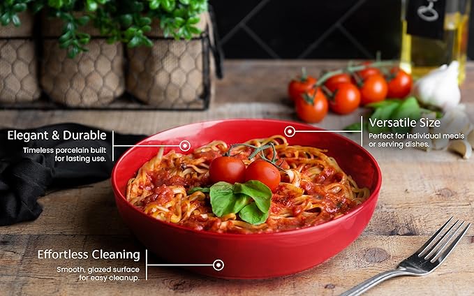KooK Pasta Bowl, Salad Bowls, Soup, Serving Bowls, Ceramic, Large Capacity, Microwave & Dishwasher Safe, Set of 4, 40 Oz,(Red)