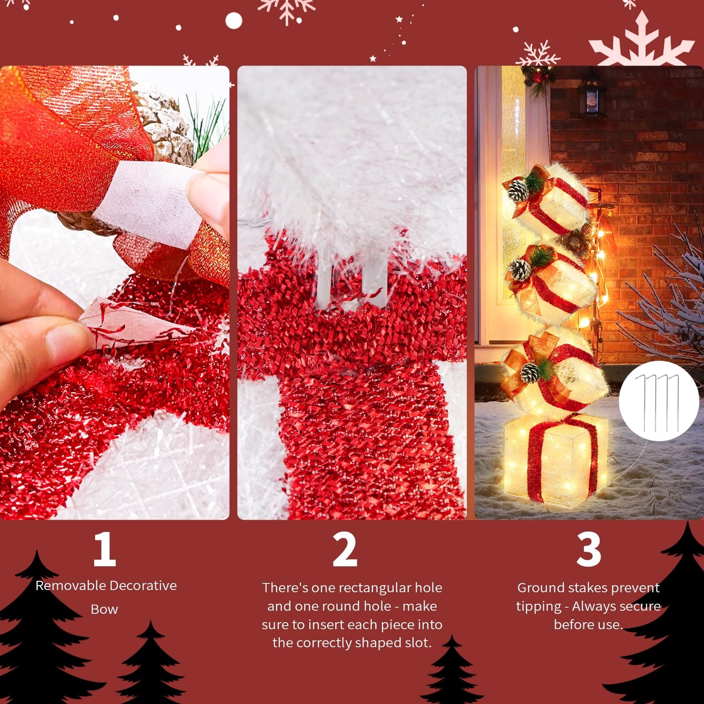COVFEVER Christmas Lighted Gift Boxes Decorations Set of 4, 2.8Ft Stackable Christmas Nesting Boxes Battery Operated for Home and Party Decoration (8"-6"-5"-4", Red Bow)