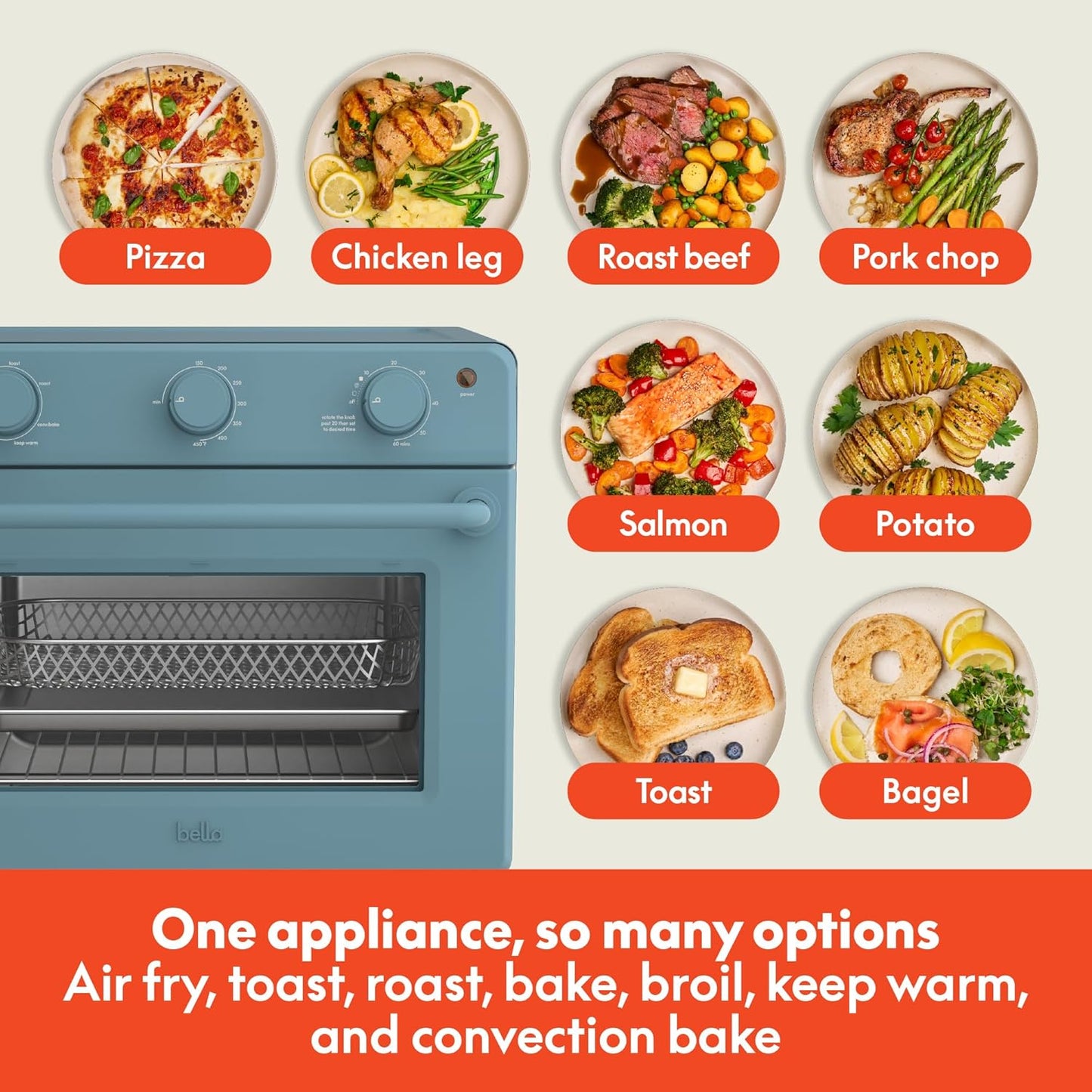 bella Air Fry Toaster Oven, 7 Preset Cooking Options, Dishwasher-Safe EverGood Coated Trays Included, 60-Minute Auto Shutoff w Audible Timer, Power Indicator Light, 1700 Watt, Surf