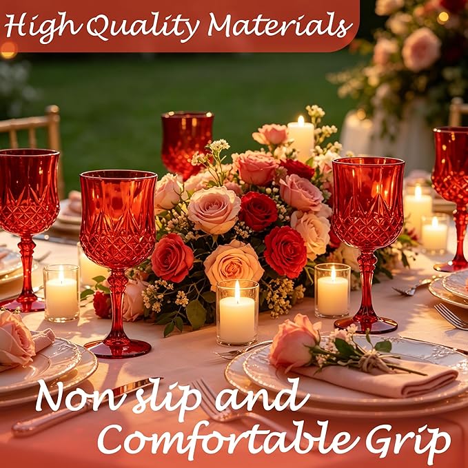 Plastic Wine Glasses, Plastic Goblets Vintage Style Cordial Unbreakable Drinking Glasses, Reusable Drinkware for Wedding Reception, Grand Event Party Supplies,Mother's Day(24, Red)