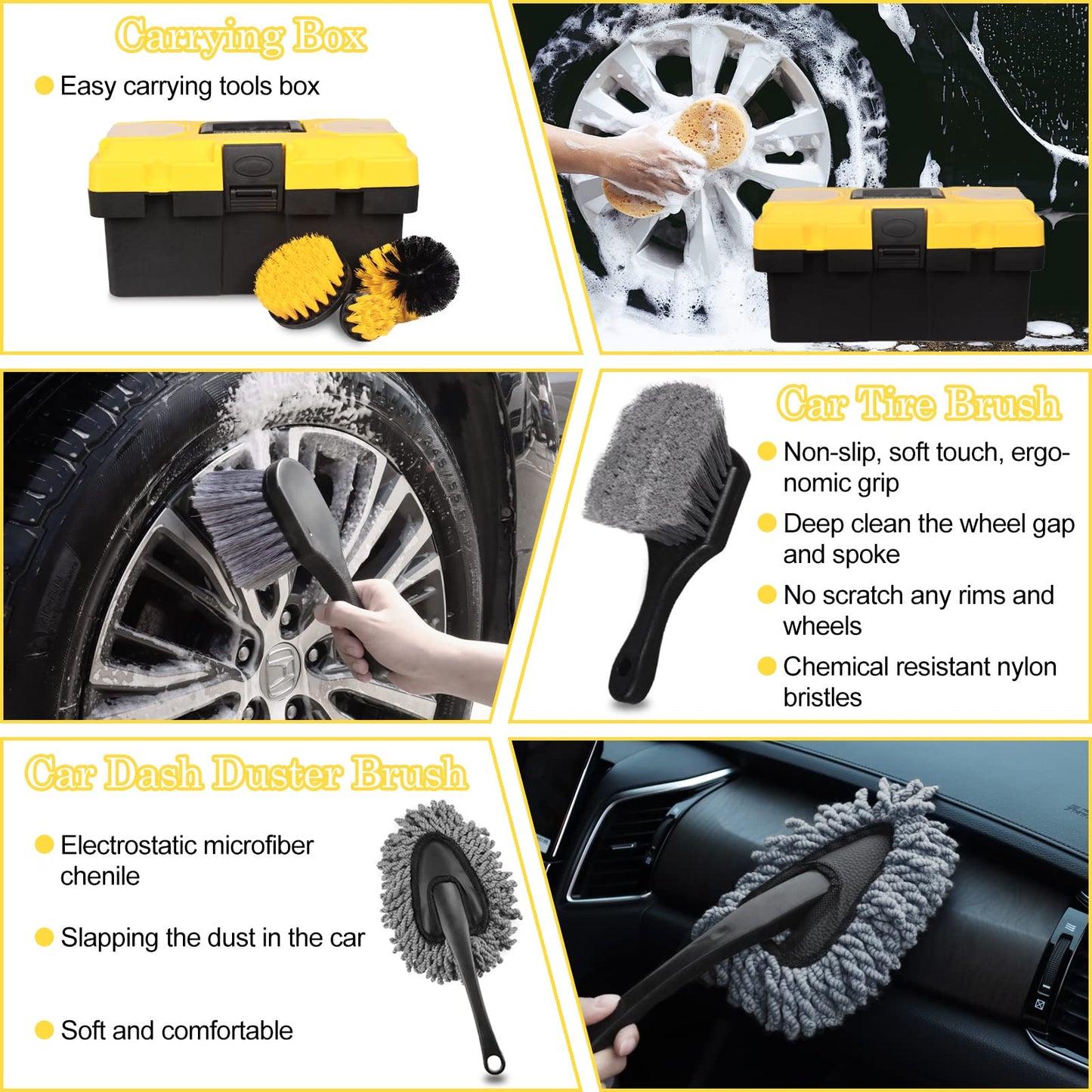 27Pcs Car Detailing Kit, Car Detailing Brush Set, Auto Detailing Drill Brush Set, Car Detailing Brushes, Car Wash Kit, Car Accessories, Car Cleaning Tools Kit for Interior, Exterior, Wheels