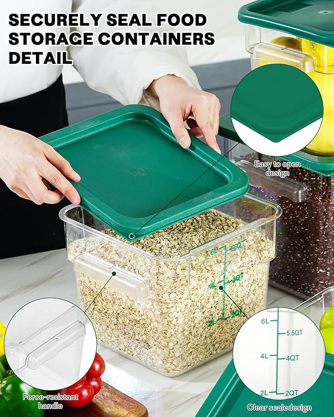 8QT NSF Food Storage Containers: 6PCS [Food Grade][Hot&Cold Resistant] Commercial Clear Food Storage Containers with Lids for Restaurant Kitchen Proof Dough, Measuring Spoons Included(GREEN, N)