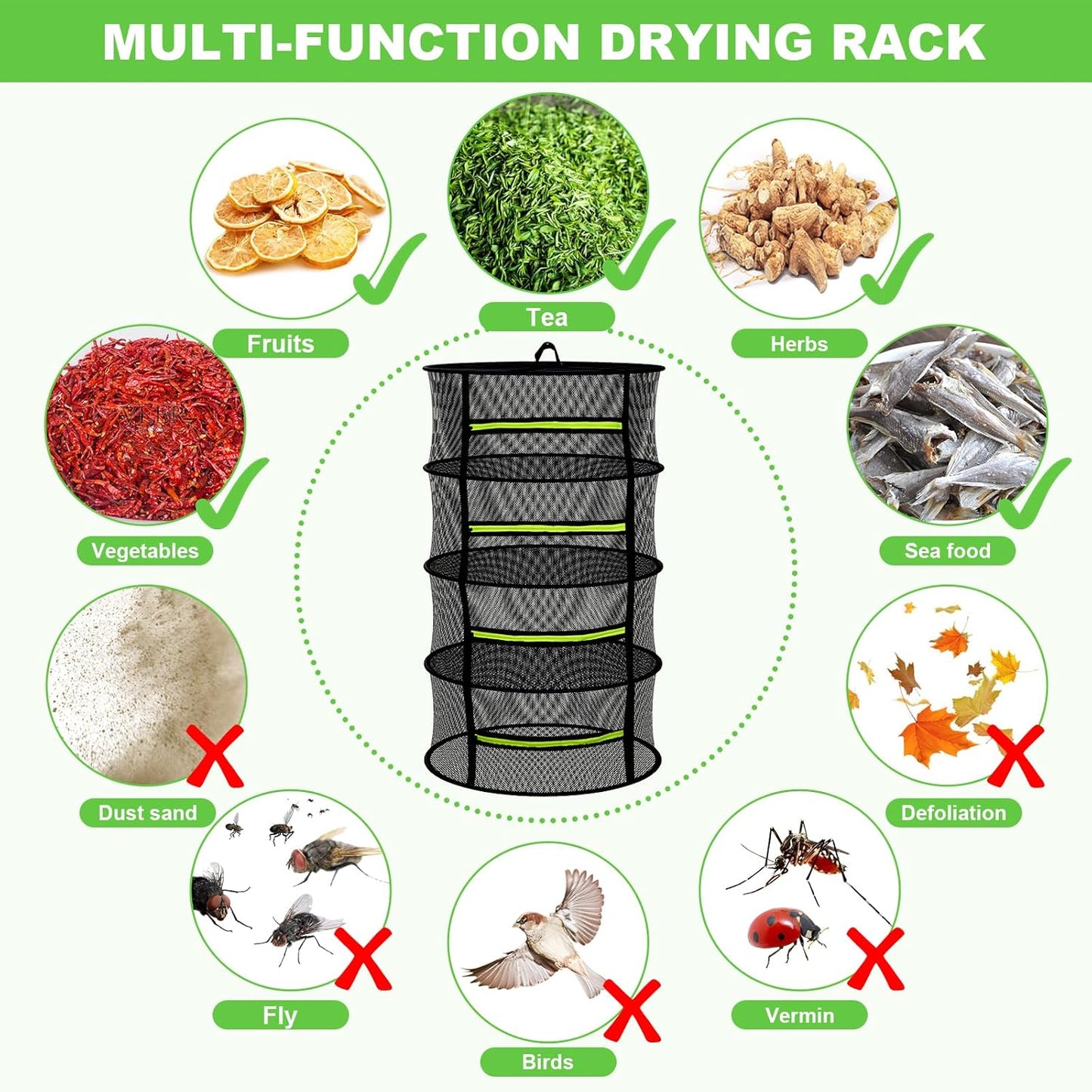 Herb Drying Rack with Mesh Design, Hanging Drying Rack with Green Zipper & Garden Pruning Shears – Versatile Plant Drying Solution (6 Layers)