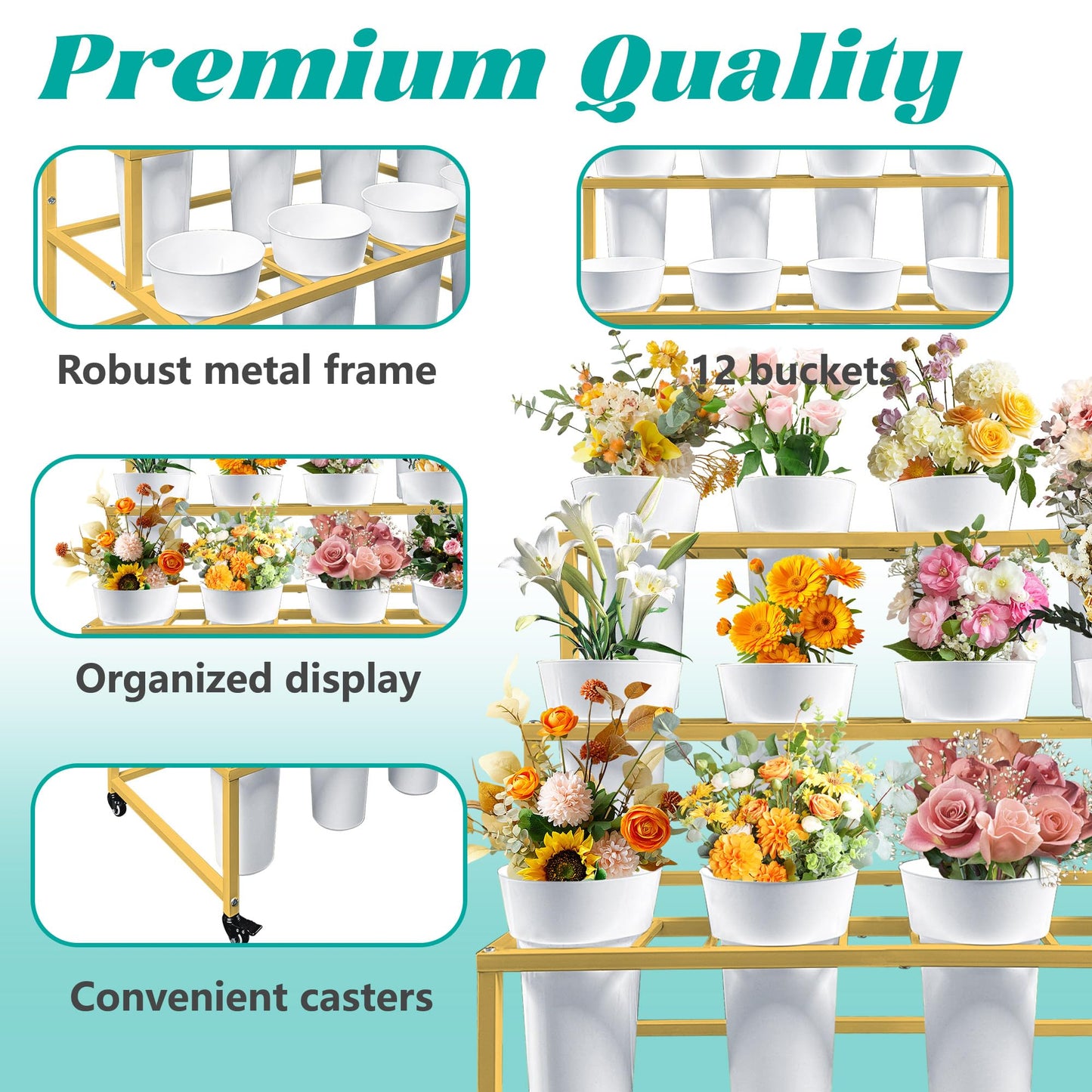 PROLEE Flower Stand with 12 Buckets, Flower Display Stand with Wheels, Flower Cart, Moving Florist Bouquet Shelf, Rectangular, Gold