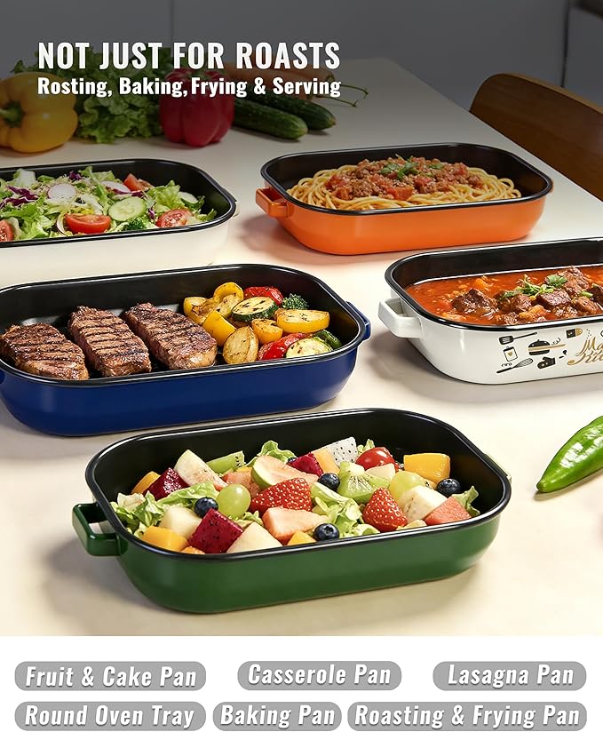 Roasting Pan with Rack & Handles 6-Piece Large 14&17 Inch Roaster Dishes, 572°F High Temperature Resistance Oven Dishwasher Safe Non-Stick Deep Lasagna Baking Pan Mother Day Gift Enamel Bakeware