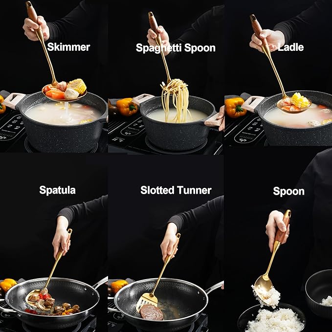 Gold Kitchen Utensils Set with Wooden Handle, 6 PCS Professional Cooking Utensils Set, Wok Spatula, Ladle, Skimmer, Slotted Spatula Turner, Spaghetti Spoon, Large Spoon
