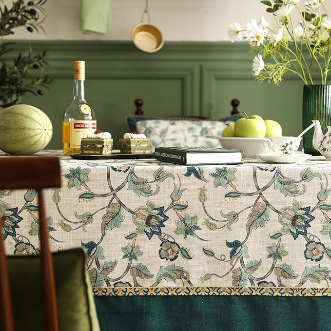 patdrea Designer Green Linen Long Rectangle Tablecloth,Vintage Floral Pattern Breathable Table Cloth,Home Table Cover Decor for Kitchen Dining,Christmas,Thanksgiving,Holiday,Party,63"x94"-Noah
