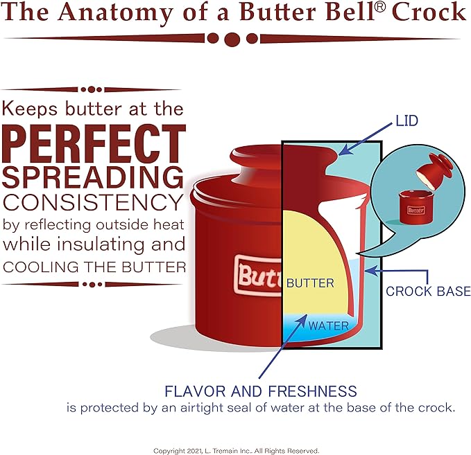 Butter Bell - The Original Butter Bell crock by L Tremain, a Countertop French Ceramic Butter Dish Keeper for Spreadable Butter, Café Retro & Petite White Gift Set