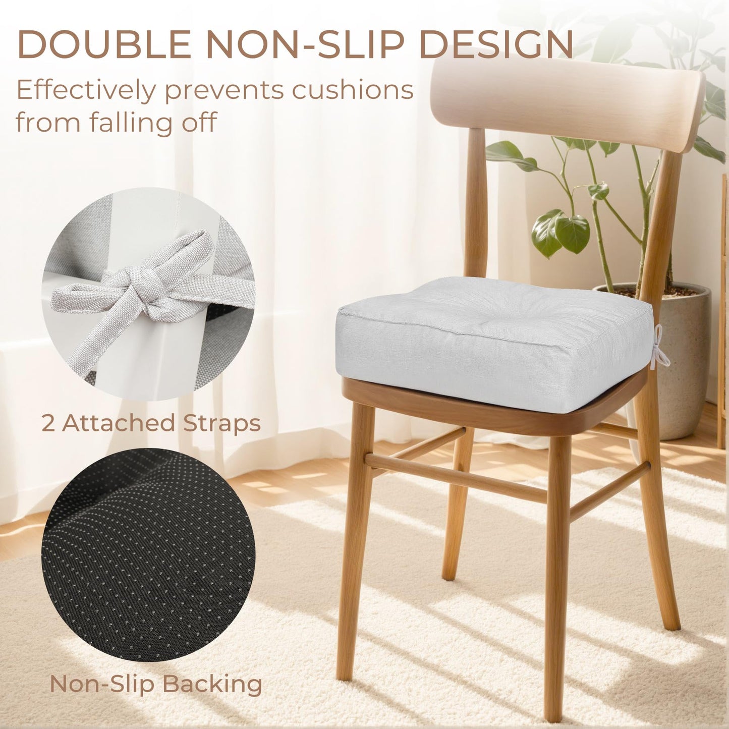 COOLBEBE Chair Cushions for Dining Chairs 4 Pack, Kitchen Chair Cushions, Chair Pads for Dining Chairs with Ties and Non-Slip Backing, Tufted Memory Foam Seat Cushions, 16.5" X 16.5", White