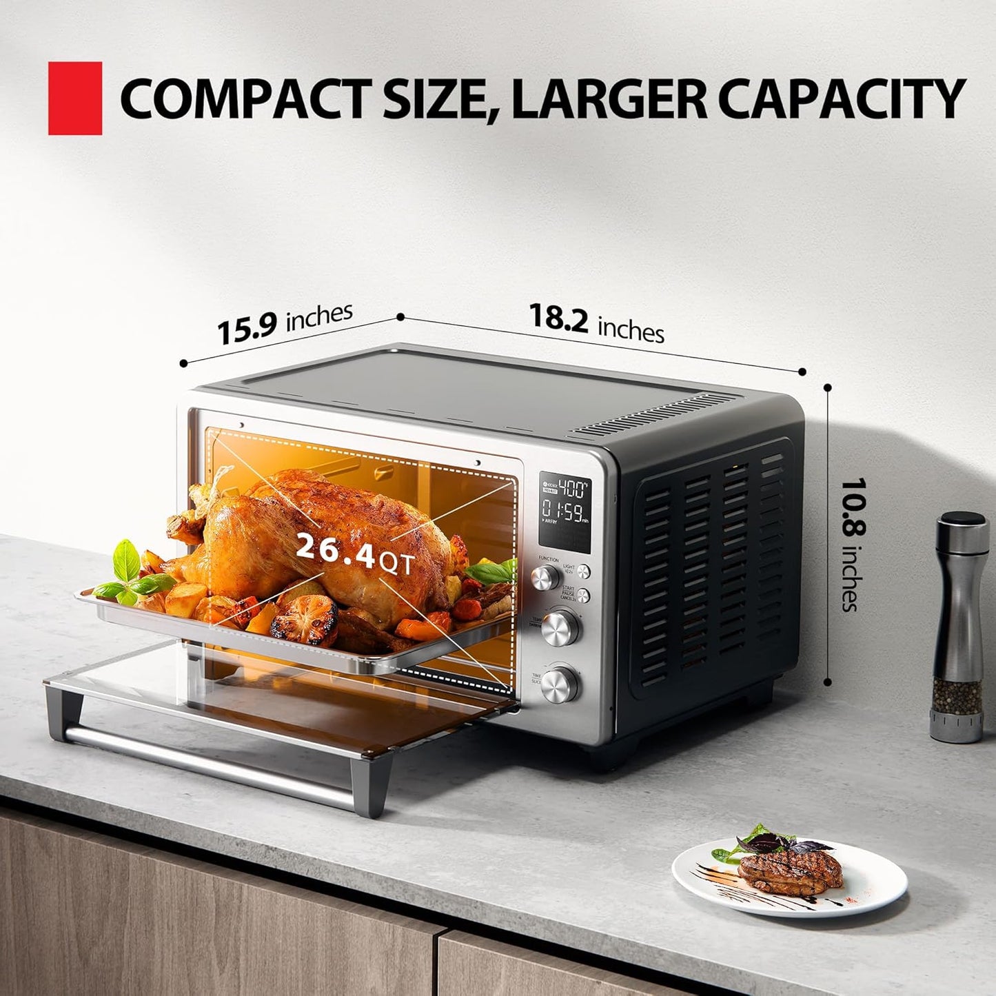 TOSHIBA ChefFry Air Fryer Toaster Oven Combo, 26.4 QT Large Capacity, 12-in-1 Countertop Toaster Oven, Stainless Steel
