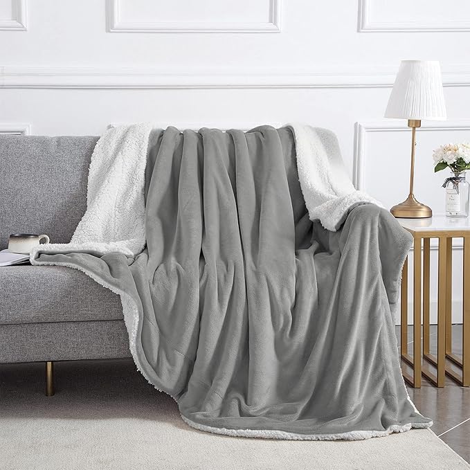 IR Imperial Rooms Sherpa Fleece Throw Blanket for Couch - Soft and Fuzzy Blanket for Winter - Reversible Thick and Warm Fluffy Throw Blankets for Bed, Sofa, Camping and Travel, Light Grey, 50x60Inches
