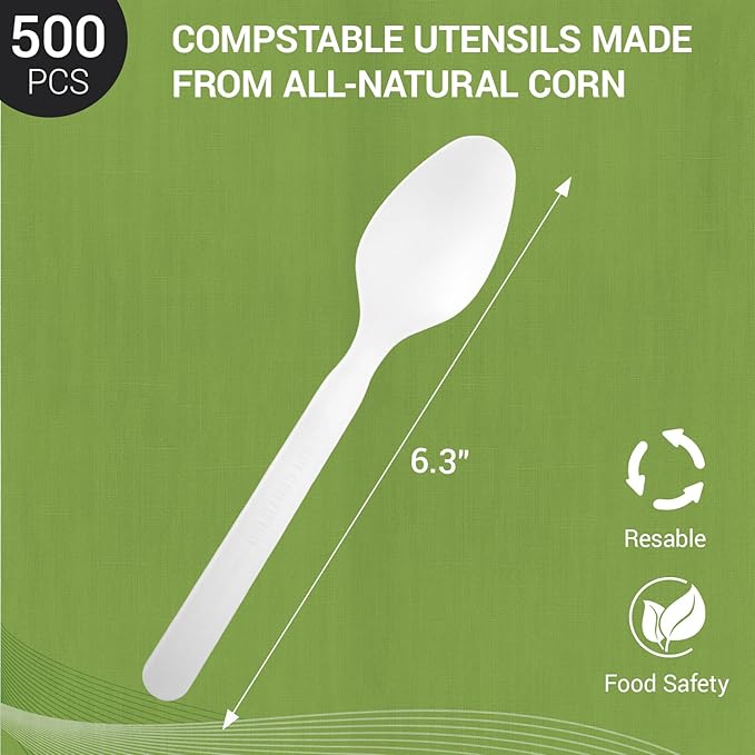 Compostable Spoons [500 Pcs] Disposable Spoons Bulk BPI Certified BPA-Free, Heat Resistant, Durable Disposable Utensils Alternative to Plastic Silverware for Daily, Party & Camping