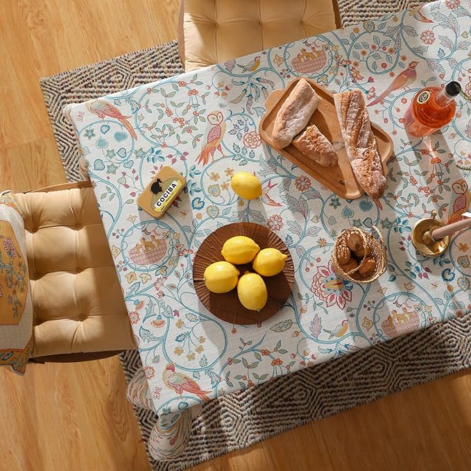 patdrea Designer Vintage French Rectangular Tablecloth,Floral Birds Pattern Linen Table Cloth,Fall Yellow Decor Table Cover for Kitchen Dining Banquet,Christmas,Thanksgiving,63"x87"-Magnolia