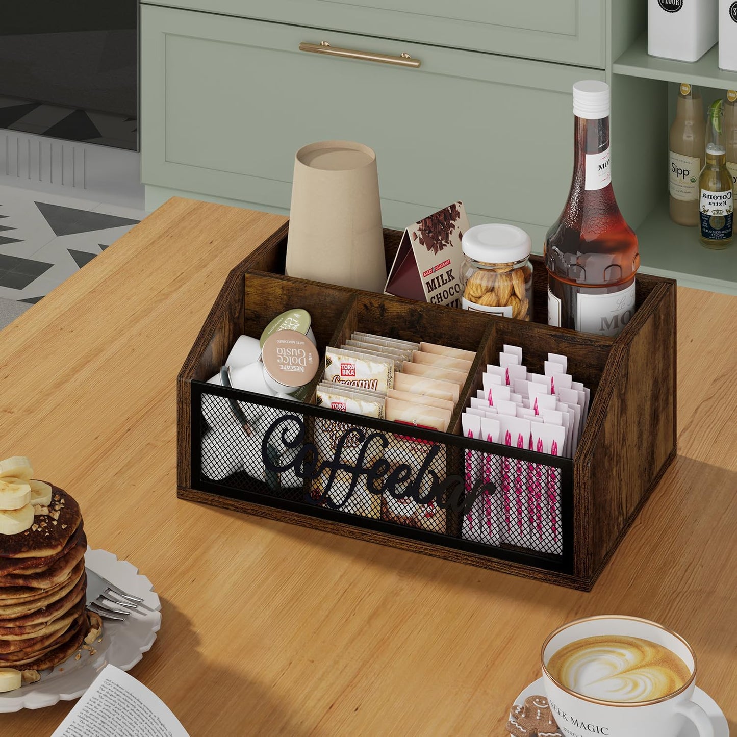 YINMIT Coffee Station Organizer for Countertop, Wood Coffee Bar Organizer with Removable Dividers for Pods, Syrup, Cups, Stirrer, Tea - Office Coffee Bar Accessories