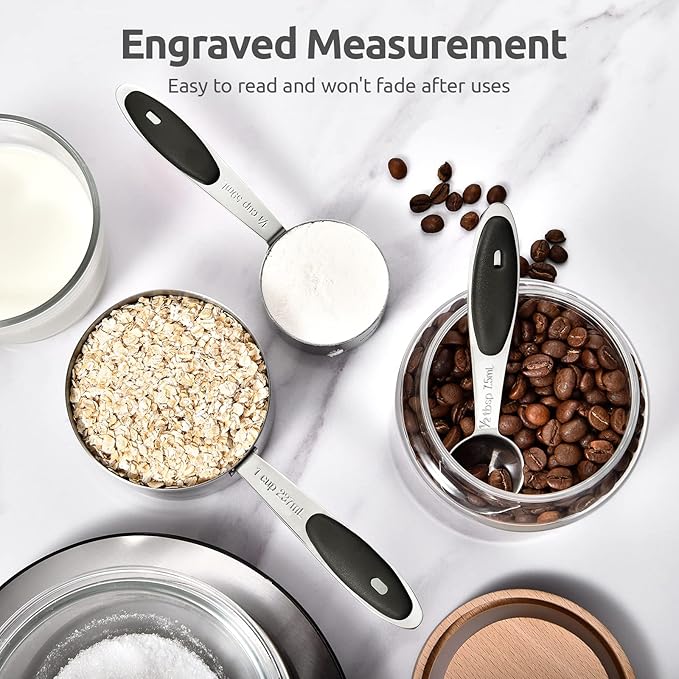 U-Taste Measuring Cups Spoons Set: 18/8 Stainless Steel 12 Pieces Stacking Kitchen Baking Cooking Food Measure Scoop Set, 7 Cups & 5 Spoons with Strengthened Weld Joints (Black, Upgraded Version)