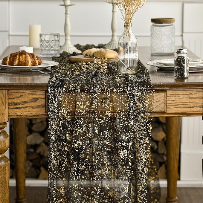 Artoid Mode 6Pcs Black Gold Gauze Table Runner 120 Inch 10FT, Glitter Metallic Foil Sheer Dining Wedding Anniversary Holiday Birthday Table Decor for Home Party
