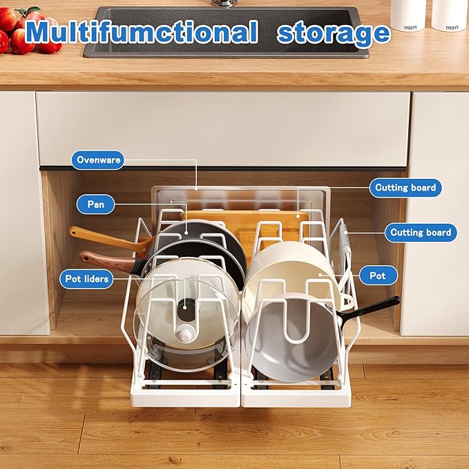 Mustorn 2 Pack Pots and Pans Organizer Under Cabinet, 21.6" Deep Pull Out Pot Lid Organizer Holder with Guardrail Adhesive Pot and Pan Holder Rack with 10 Adjustable Dividers(White)