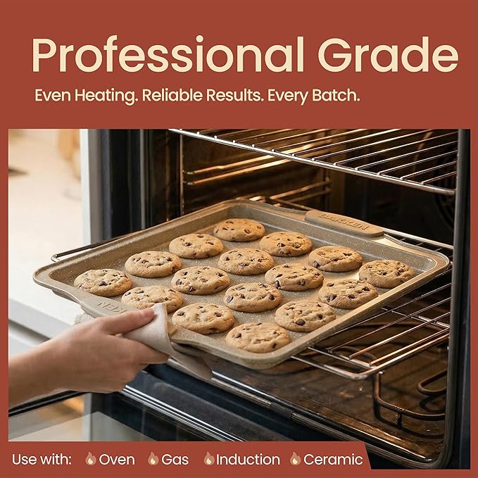 BAKKEN Kitchen Oven Baking Pans - Nonstick Gray Coating, Carbon Steel Bakeware Set with White Silicone Handles, Commercial Restaurant Quality Pans, PFOA, PFOS, PTFE Free, Oven Safe (450° F), Set of 10