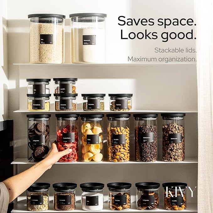 KIVY Airtight Glass Jars with Lids & Labels [3x 40oz] Stackable Glass storage jars with airtight lids - Glass Jars with airtight lid - Food Glass canisters with air tight lids - Pantry containers