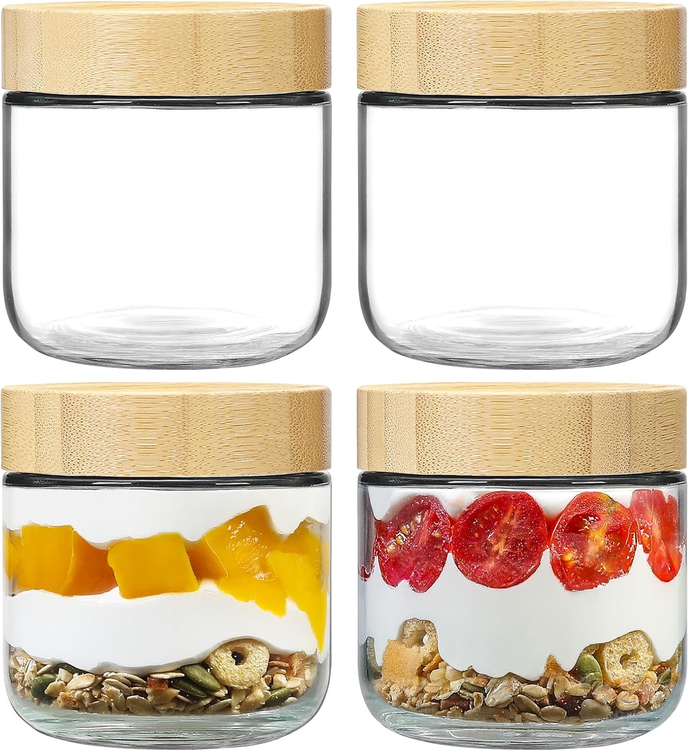 NETANY 4-pack 10oz Glass jars with Airtight Lids, Overnight Oats Containers with Bamboo Lids, Wide mouth Mason Salad jars, Glass Food Storage Containers for Snacks Yogurt Spice Sugar