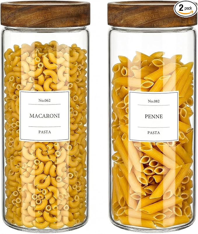 CONNOO 2-Pack 50oz Glass Storage Containers with Wood Lids – 120 Waterproof Labels Included – Tall Airtight Pantry Organizers for Short Pasta, Flour – Modern Kitchen Decor