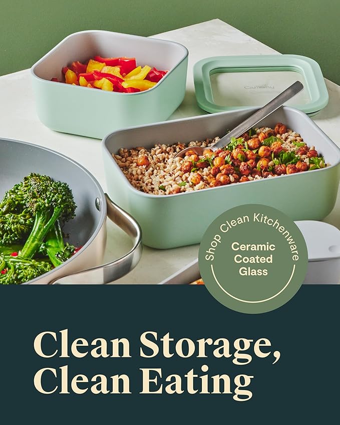 Caraway 3pc Glass Food Storage Set – 10 Cup, 6.6 Cup, & 4.4 Cup Food Containers - Ceramic Coated - Non Toxic Non Stick Lunch Box with Glass Lids - Dishwasher, Oven, & Microwave Safe - Mist