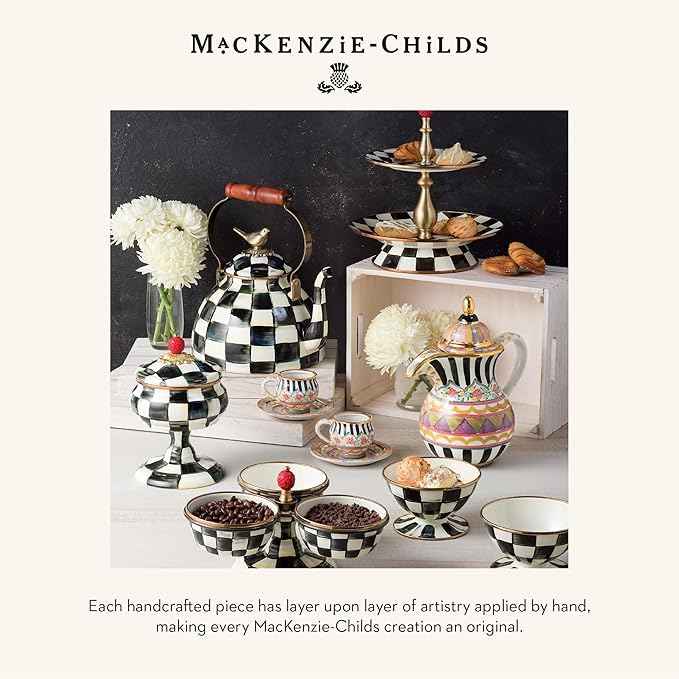MACKENZIE-CHILDS Enamel Compote, Cute Enamel Pedestal Serving Dish or Decorative Bowl, Small, Black-and-White Courtly Check