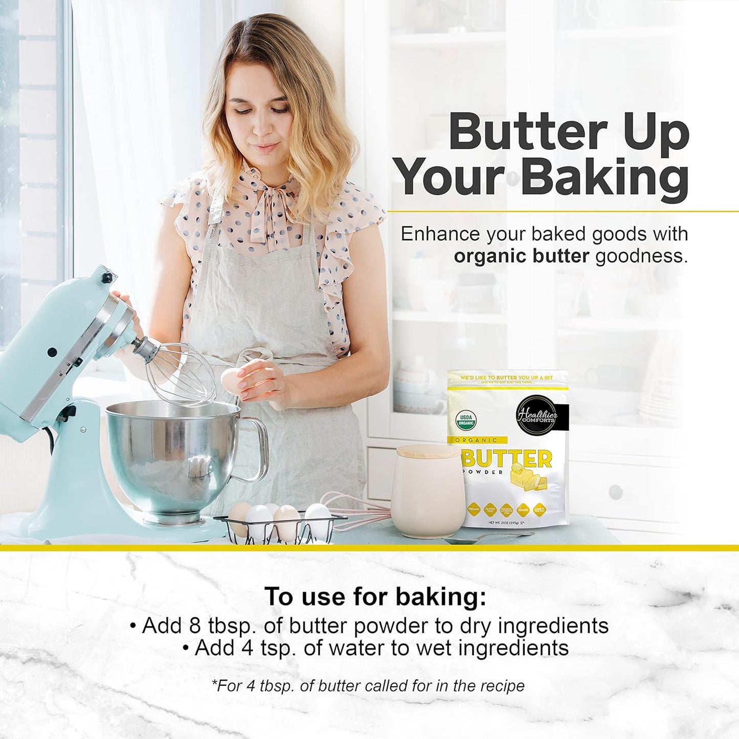Healthier Comforts Organic Butter Powder | USDA Certified Organic Dehydrated Unsalted Butter | Kosher, Gluten Free, Non-GMO | Popcorn, Baking, Seasoning 21oz
