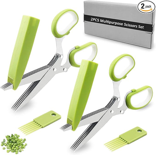 2 Pack Herb Scissors, Herb Scissors with 5 Blades and Cover, Multi Blade Kitchen Scissors for Cutting, Shredding and Cooking Cilantro Onion Salad Garden Herbs, Dishwasher Safety (Green)
