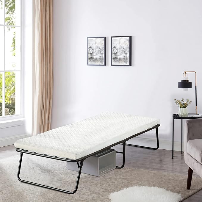 Greaton, 14” Folding Bed with Luxurious Memory Foam Mattress, Strong and Sturdy Metal Frame, Portable Guest Bed for Easy Storage, 36-Inch, White