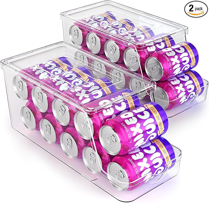 Soda Can Dispenser for Refrigerator with Lids, Stackable Drink Organizer for Fridge, Clear Plastic Refrigerator Organizer Bins, Beverage Can Holders for Pantry, Freezer, Kitchen, Cabinets Set of 2