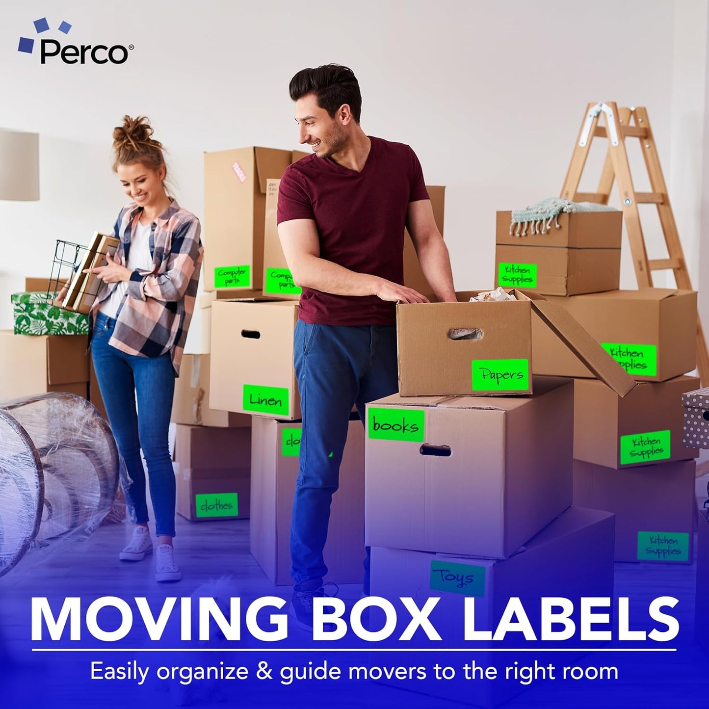 Perco Fluorescent Green Labels 3x5 Inch 500 Stickers/Roll with Easy Peel Perforation and Strong Adhesion for Inventory Management, Color Coding, Moving Boxes, Retail, Organizing & Crafts – Made in USA