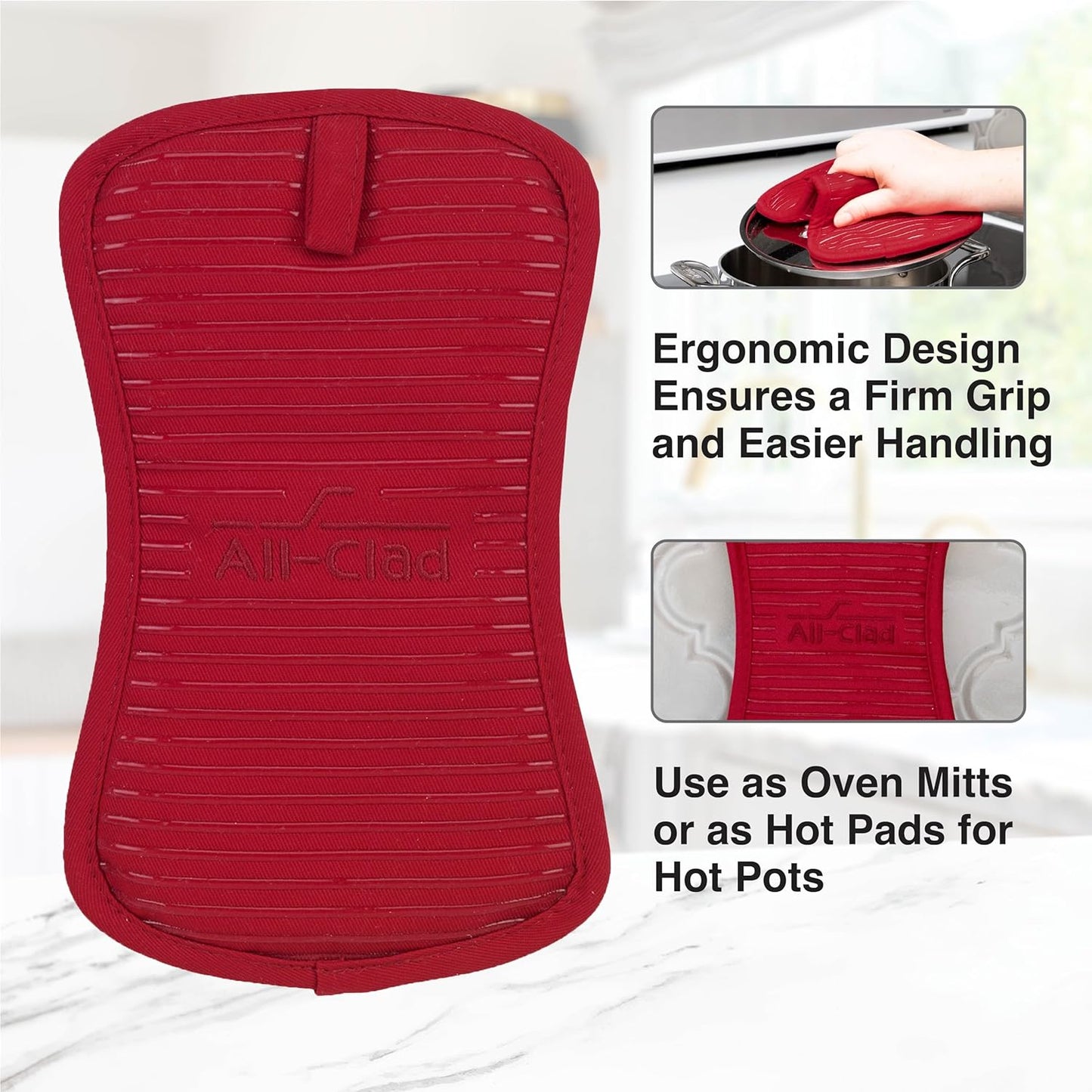 All-Clad Premium Pot Holder & Heating Pad, (2-Pack) Heat Resistant to 500 Degrees, 100% Cotton 10"x6.25" for Kitchen and Barbeque, Chili Red