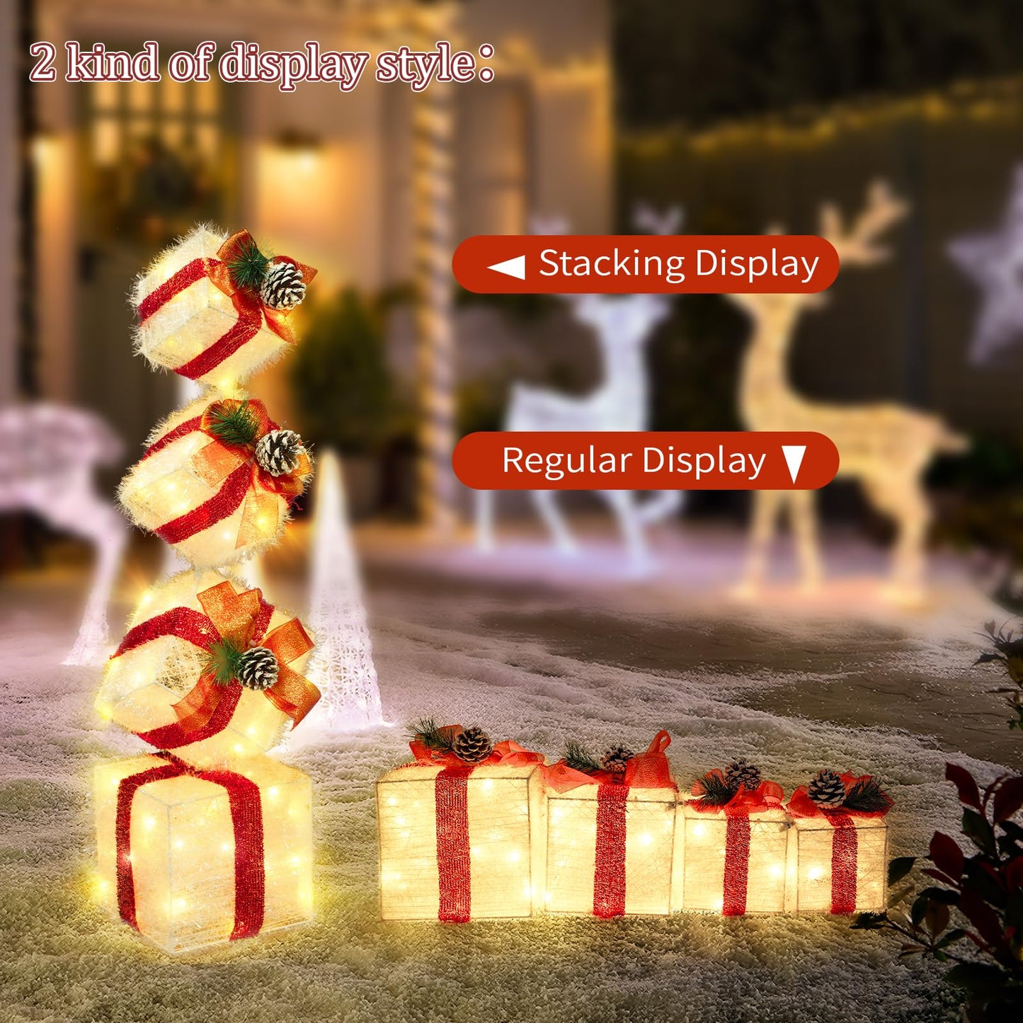 COVFEVER Christmas Lighted Gift Boxes Decorations Set of 4, 2.8Ft Stackable Christmas Nesting Boxes Battery Operated for Home and Party Decoration (8"-6"-5"-4", Red Bow)