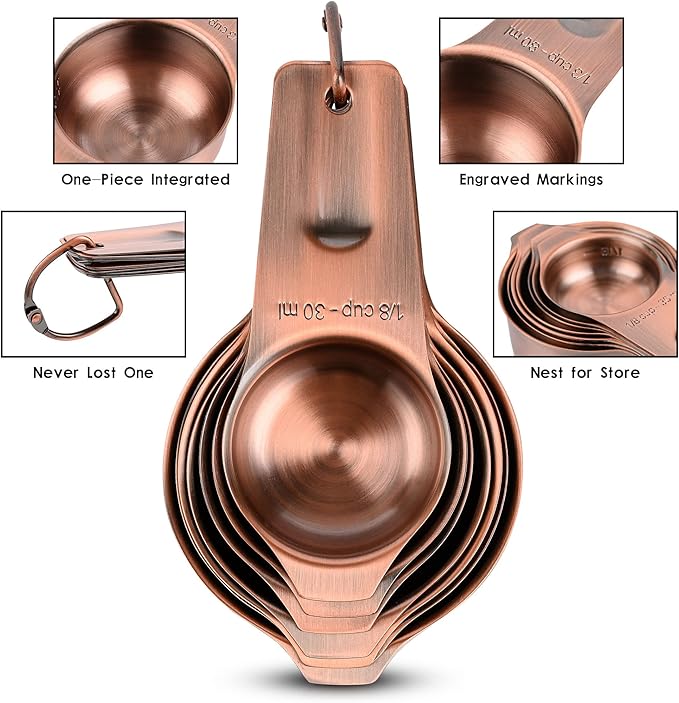 Copper Measuring Cups Set, 7-Piece Stainless Steel Measuring Cups Set, Metric&US Metal Measure Tools with 1/8, 1/4, 1/3, 1/2, 2/3, 3/4&1 Measure Cup for Dry & Liquid Ingredients During Baking