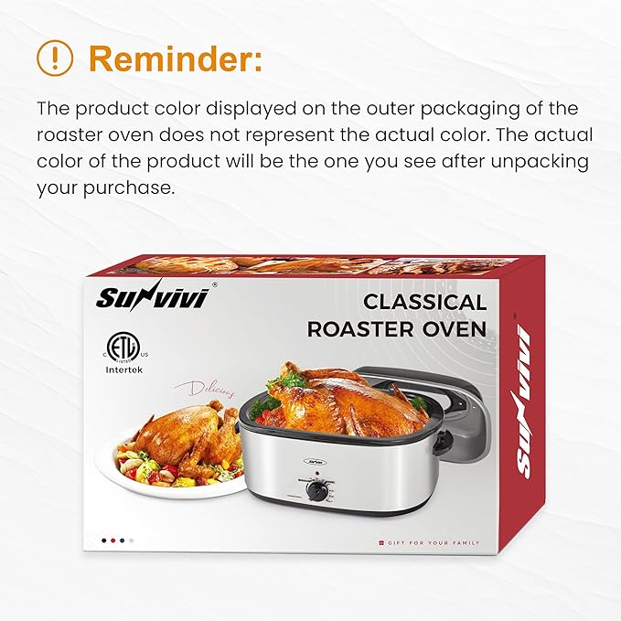 Royalcraft Roaster Oven with Self-Basting Lid, 18qt Electric Roaster with Removable Pan & Rack, Turkey Roaster Oven with Defrost & Warm Function, Stainless Steel, Red